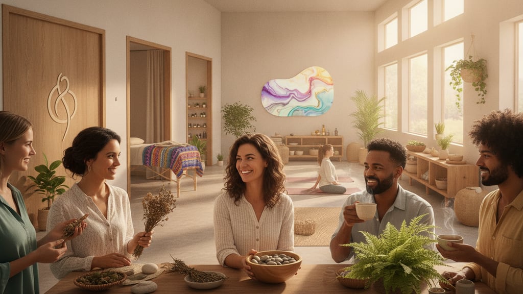 מגוון צמחי מרפא, שמנים אתריים ואביזרי טיפול טבעיים על רקע נקי.